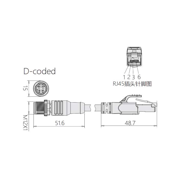 M12 4Pin D-coded、公頭直型轉(zhuǎn)RJ45公頭直型、雙端預(yù)鑄PVC非柔性電纜、帶屏蔽、黃色護(hù)套、0C4168-XXX